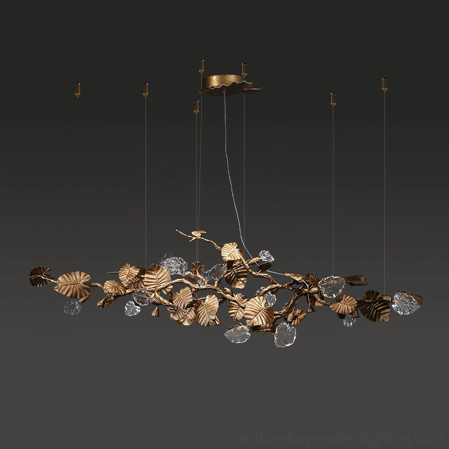 Brass leaf chandelier industrial detail - precision-crafted brass framework and glass leaf assembly