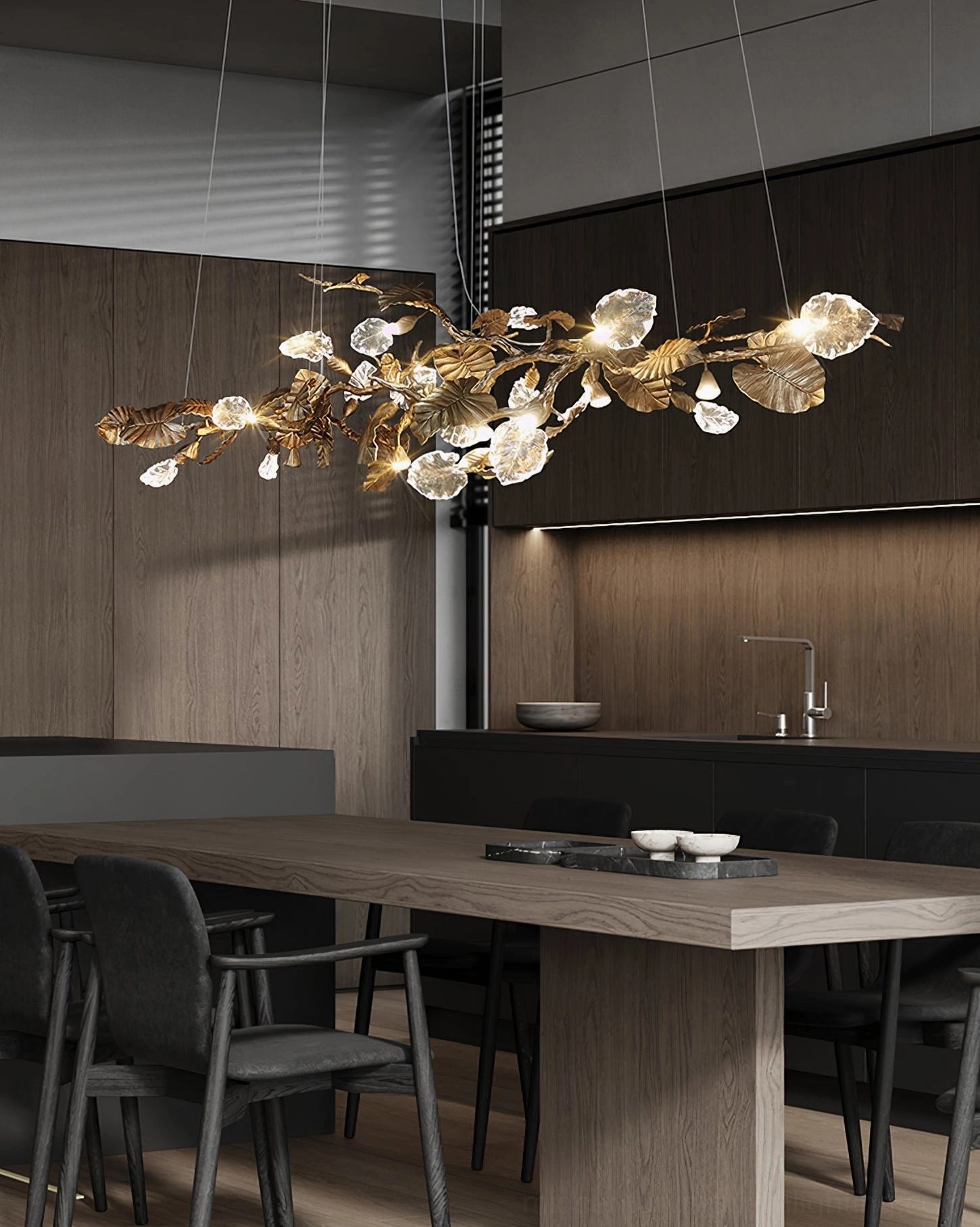 Brass leaf chandelier ceiling pendant in dark wood kitchen - warm gold finish above dining furniture
