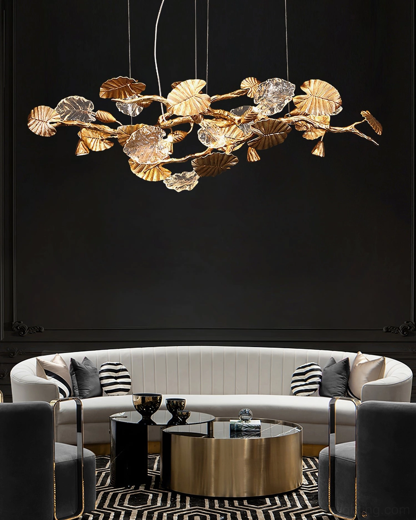Brass leaf chandelier in contemporary living space - sculptural pendant light above modern furniture