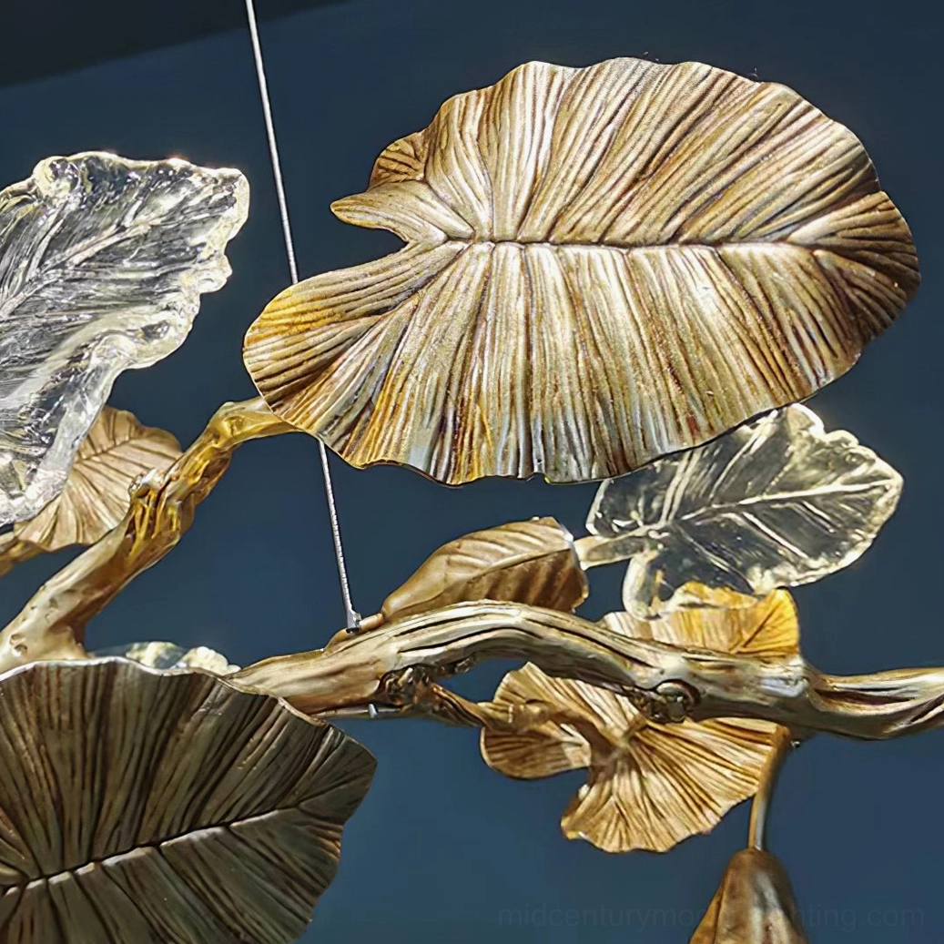 Brass leaf chandelier luxury interior - sophisticated mid-century modern pendant in residential design