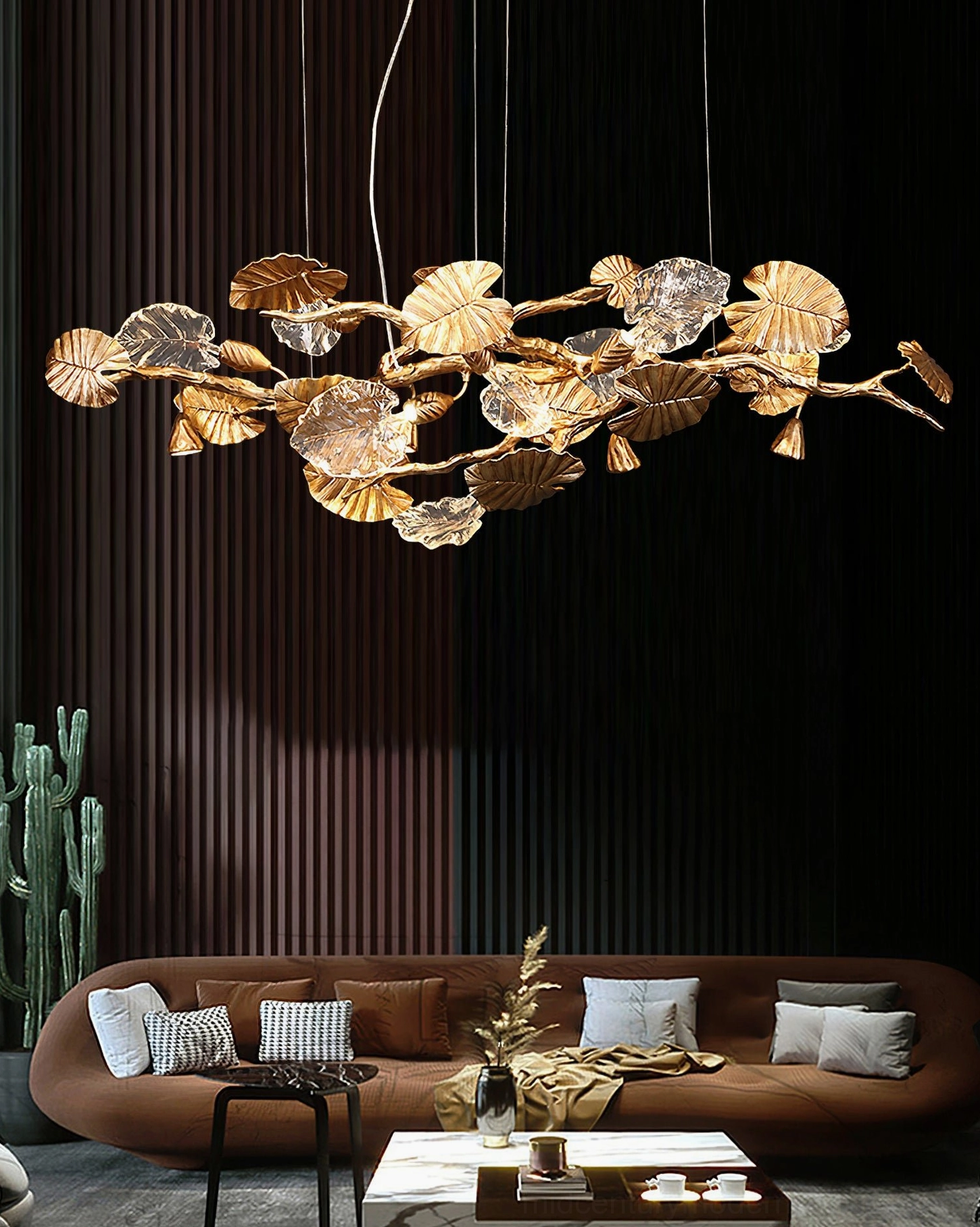 Contemporary brass leaf chandelier overhead perspective - modern linear lighting fixture full arrangement view