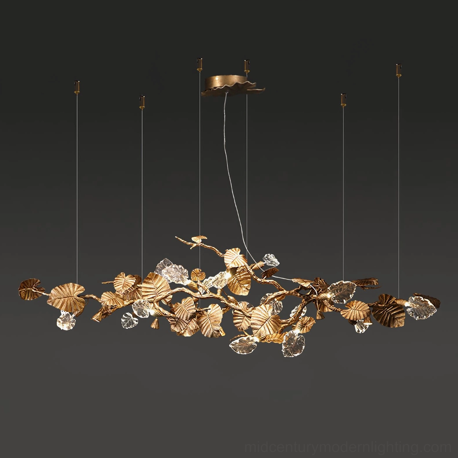 Brass leaf chandelier three-quarter view - 15-head linear modern pendant with polished brass frame