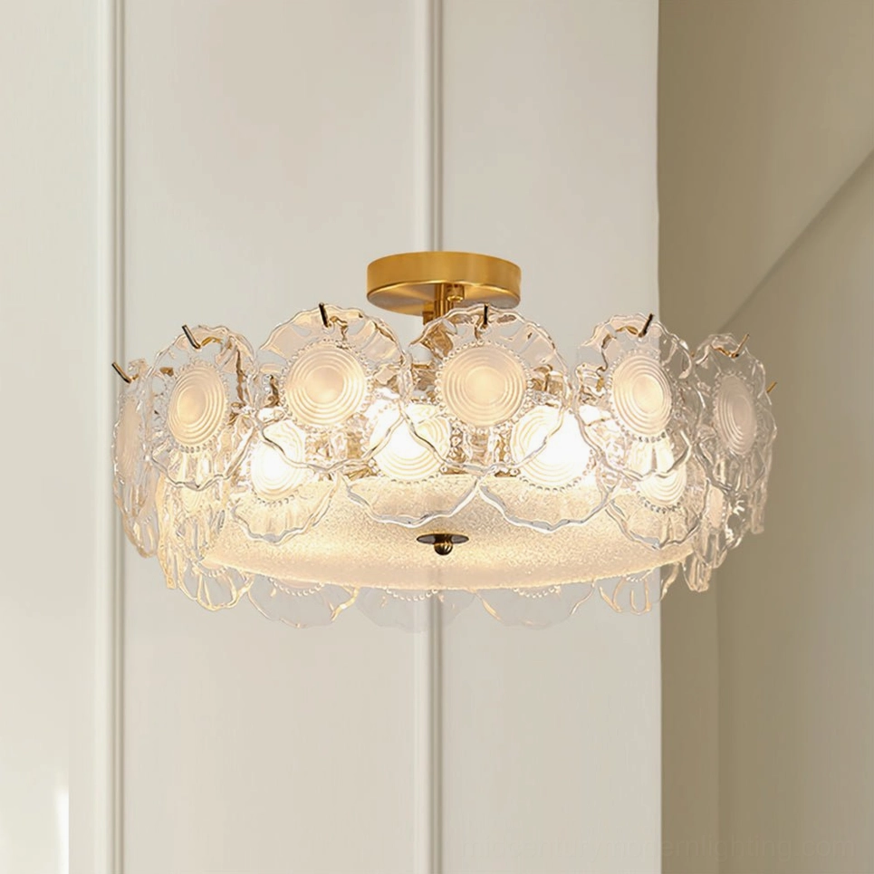Front view of brass and textured glass ceiling lamp showing detailed embossed glass shade pattern
