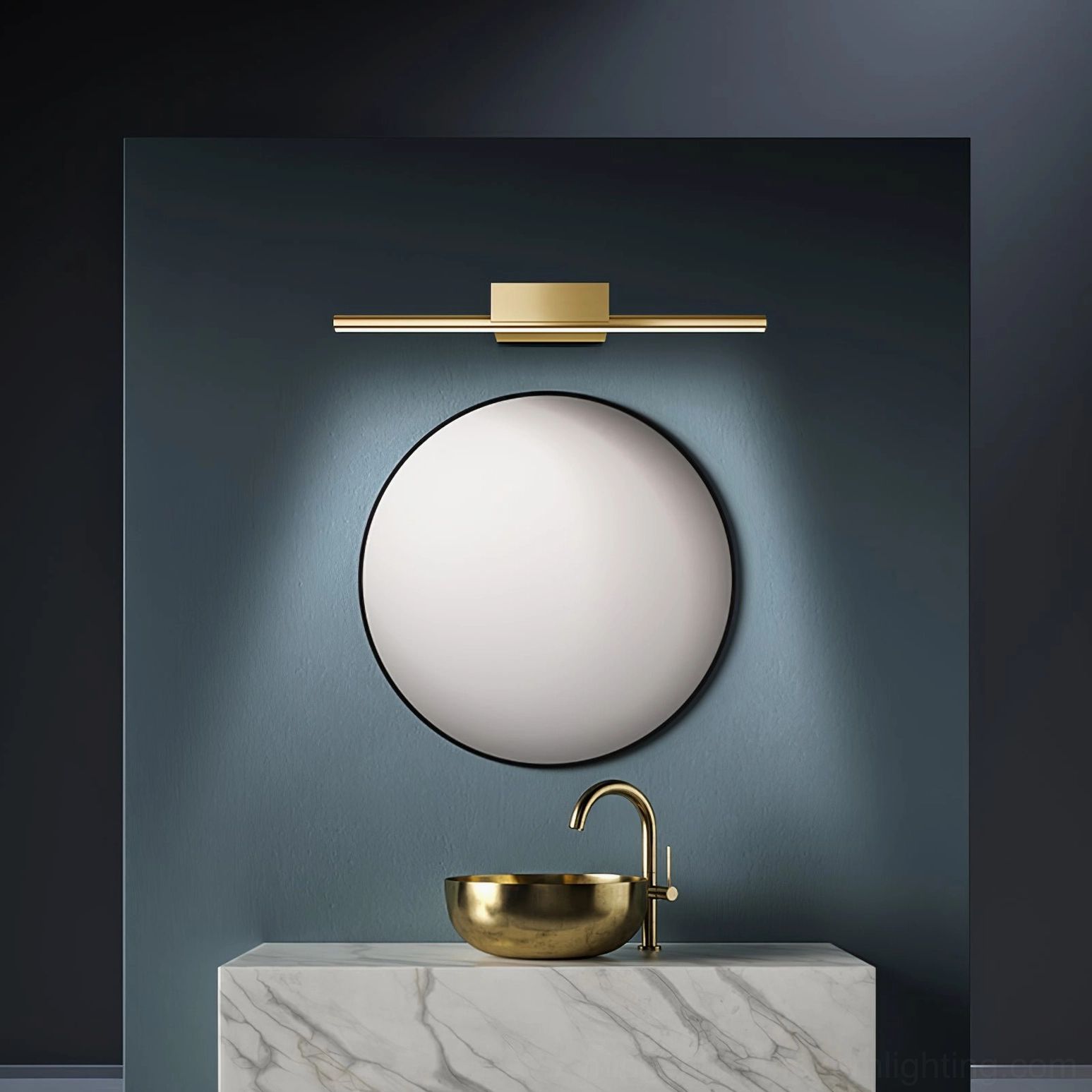 Bathroom vanity with sleek brass wall lamp and marble countertop sink