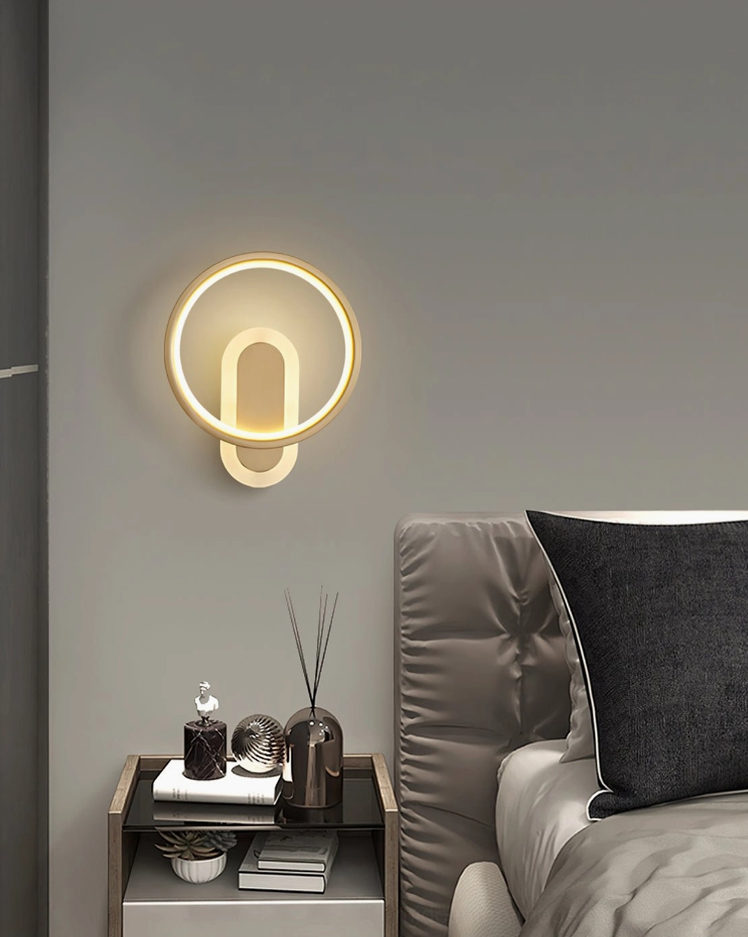 Round brass wall lamp close-up detail view showcasing premium brass construction and acrylic diffuser