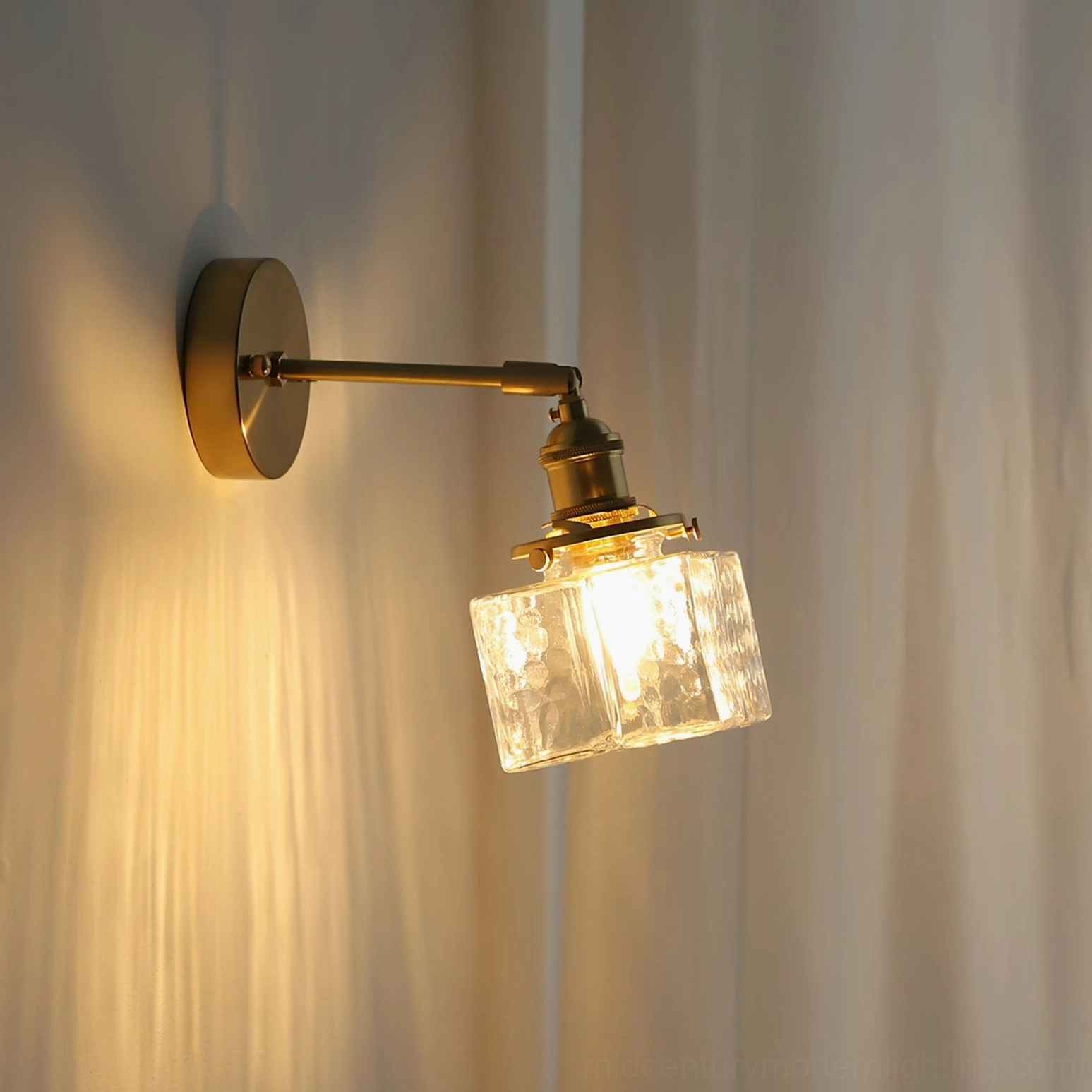 Brass wall lamp with textured glass shade modern minimalist home decor accent lighting