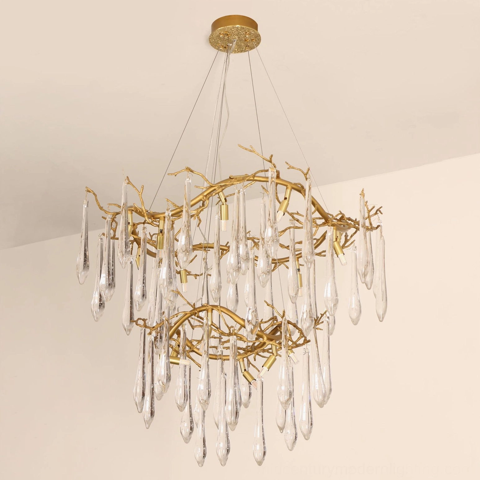 Brass waterfall chandelier complete product shot showing full double-tier structure, polished brass finish, and hanging crystal glass elements from multiple angles