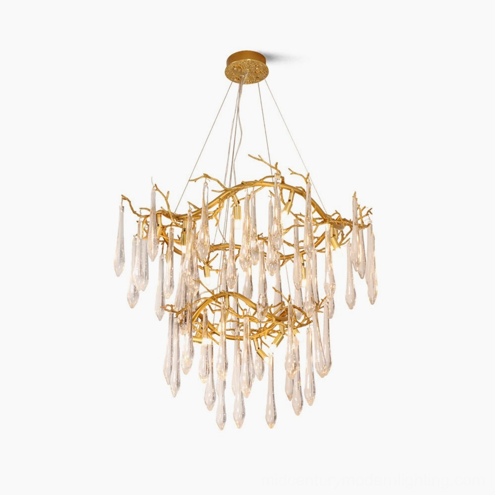 Brass waterfall chandelier with cascading crystal glass droplets, front studio view showcasing double-tier gold metal frame and teardrop glass pendants