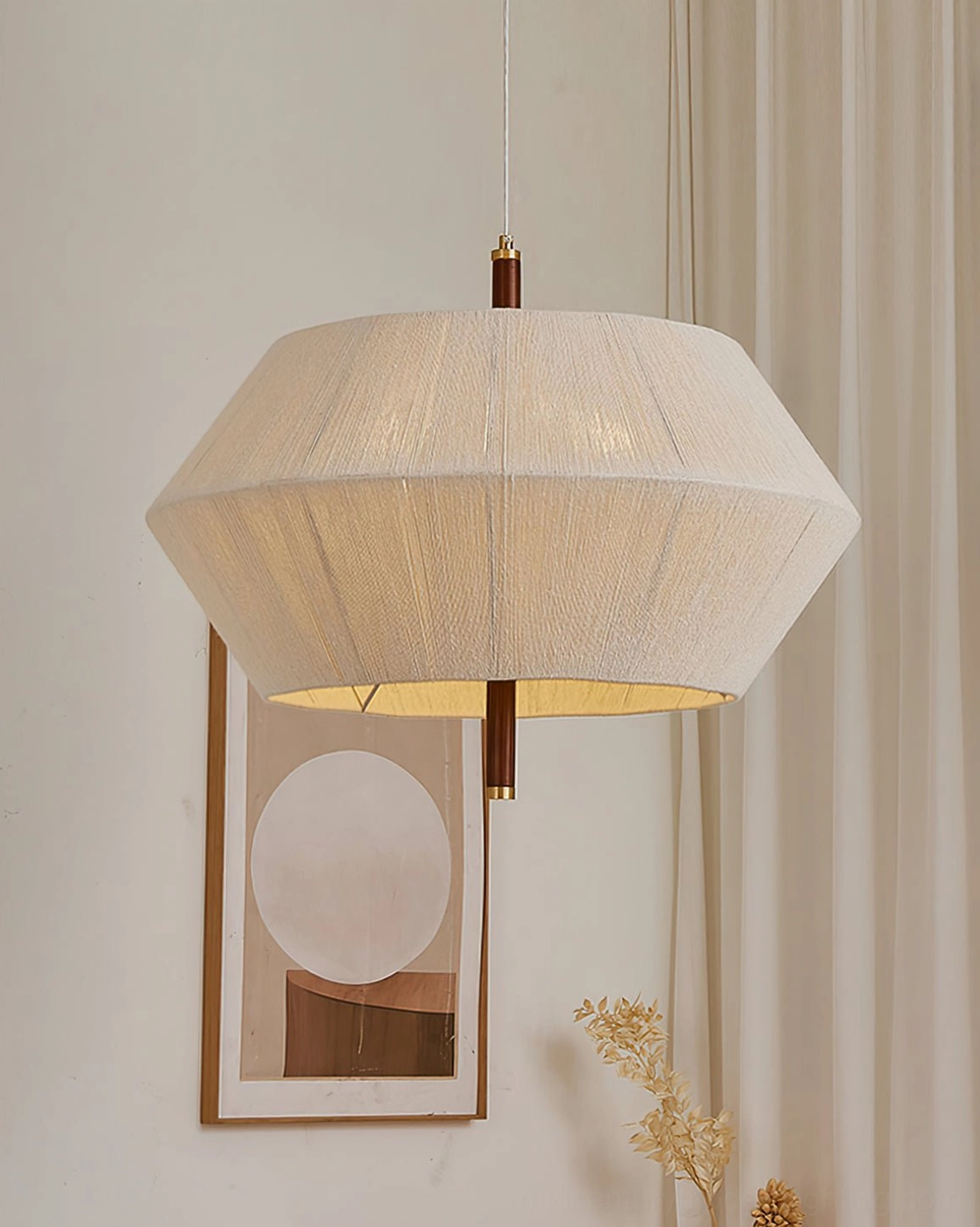 Brera pendant lamp front facing view of beige woven hemp shade with hexagonal geometry