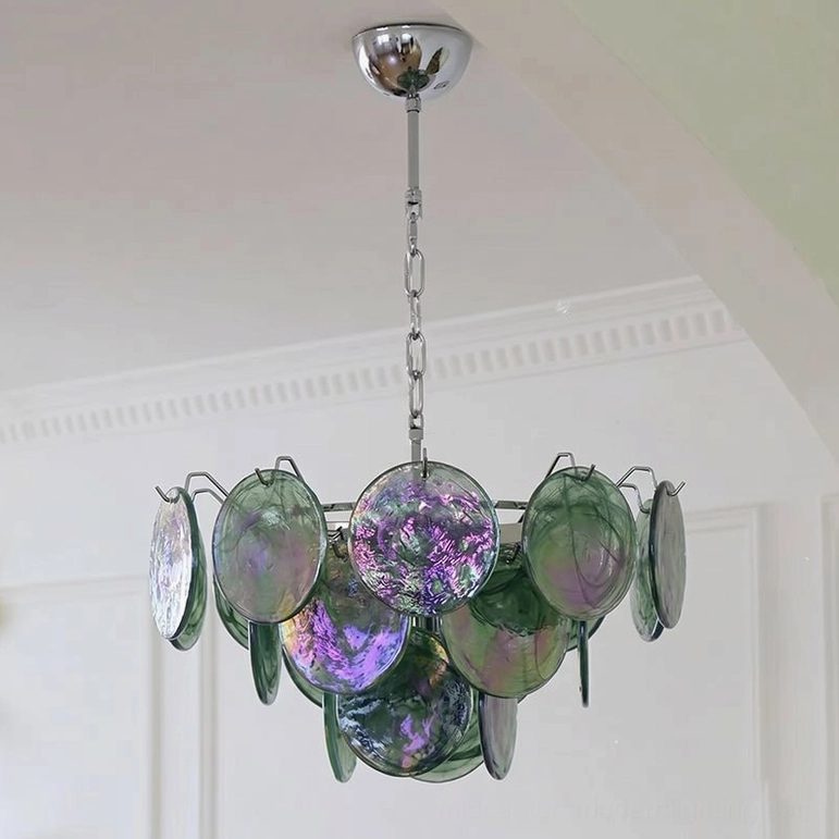 Brette blue glass disk chandelier small size with five E14 bulbs and iridescent coating creating ambient light