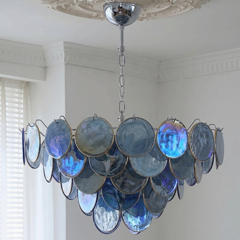 Brette blue glass disk chandelier large 31.5 inch diameter with cascading disc structure and chrome mounting