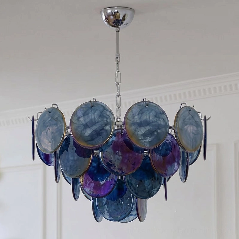 Brette blue iridescent disk chandelier medium size featuring polished chrome chain and translucent glass discs