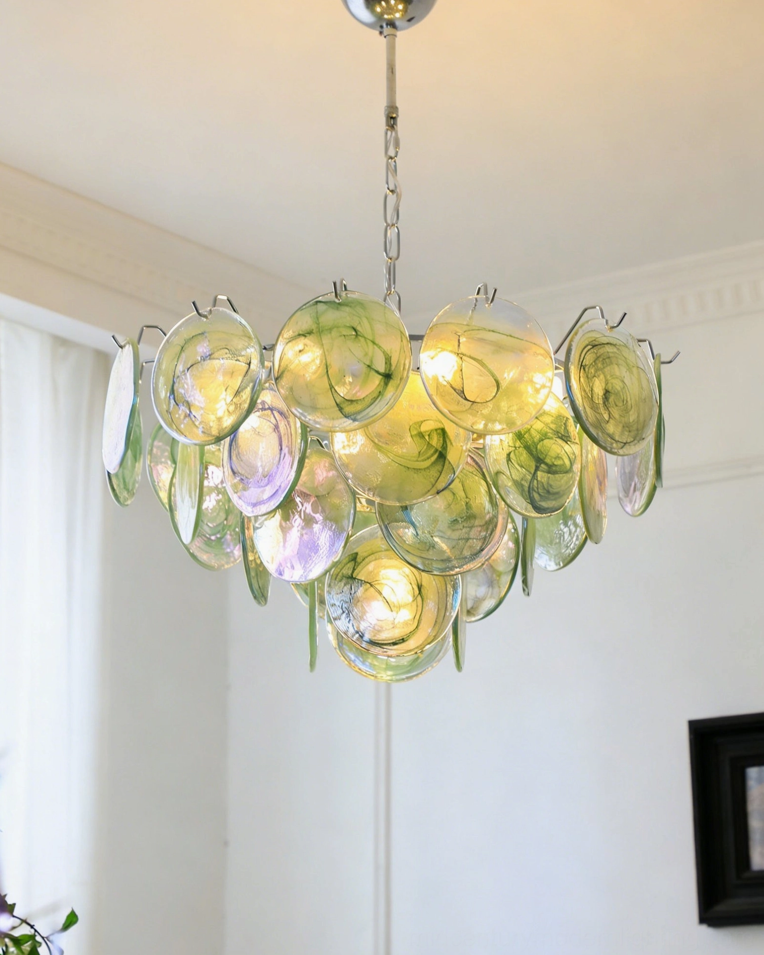 Brette glass disk chandelier component showcase featuring multiple color options pink blue green and white clouds