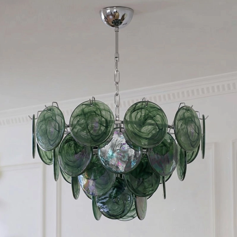 Brette green glass disk chandelier medium size iridescent coating waterfall design with polished chrome chain