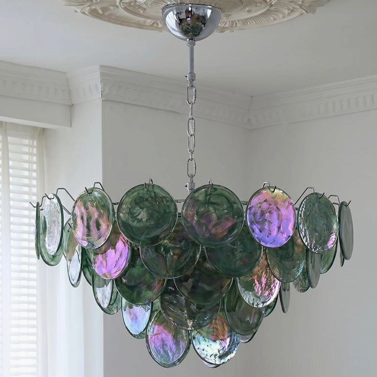 Brette green glass disk chandelier large size displaying botanical-inspired iridescent glass with polished chrome suspension