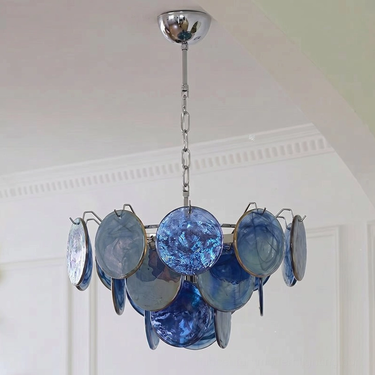 Brette pink glass disk chandelier small to medium size with iridescent luster coating contemporary design