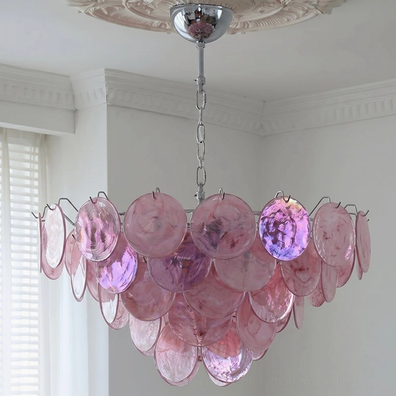 Brette pink glass disk chandelier large size showing iridescent coating and water-ripple texture detail