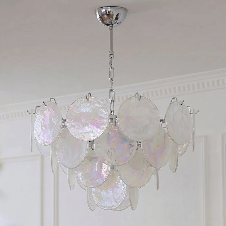 Brette white clouds glass disk chandelier medium 23.6 inch size neutral pearl-toned iridescent glass modern fixture