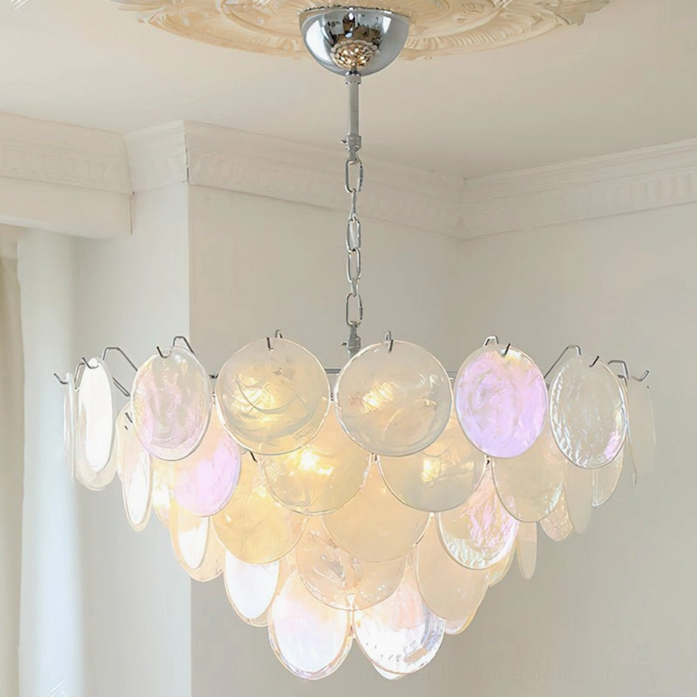 Brette white clouds glass disk chandelier large size overhead view with neutral pearl-toned glass disc layers