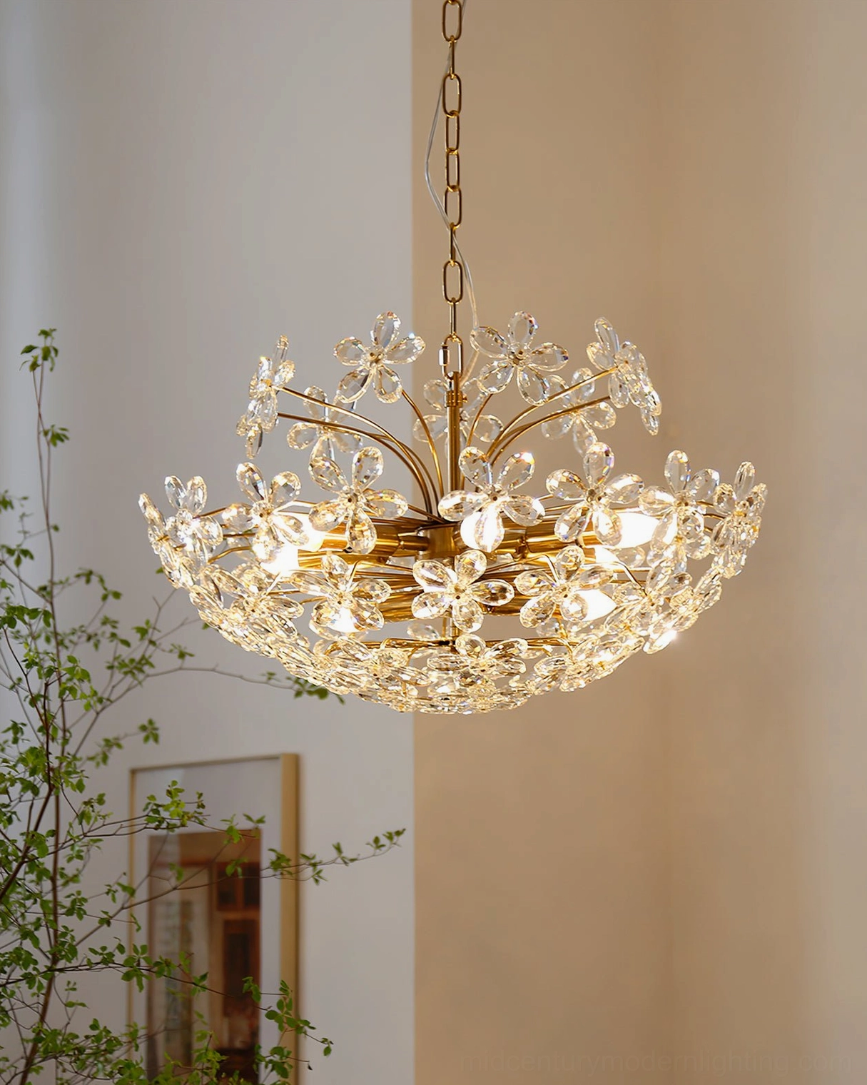 Copper finish floral crystal chandelier showcasing warm metal tone paired with sparkling clear crystals, interior ambiance