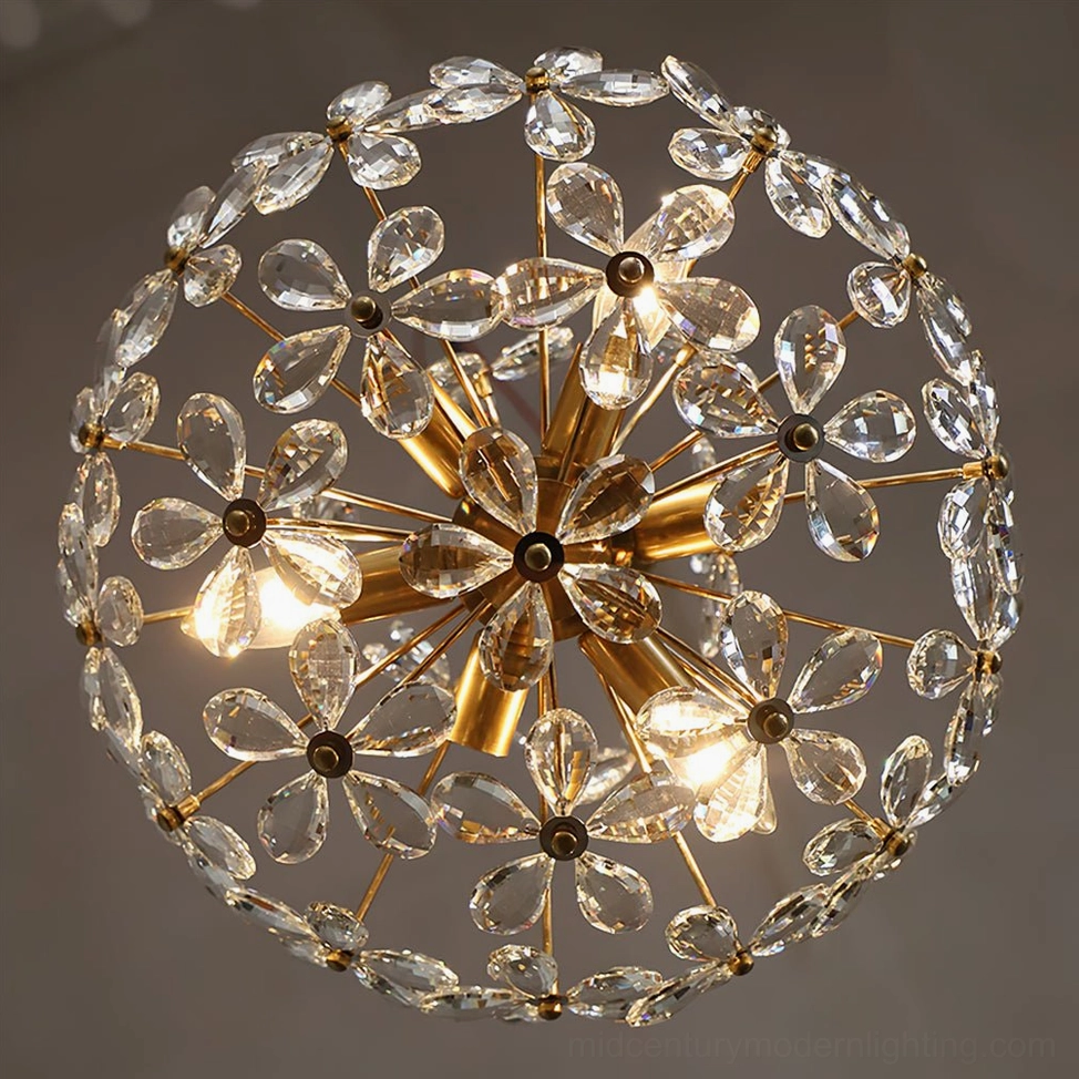 Floral crystal chandelier detail showing E14 bulb sockets and brass suspension mechanism for mid-century modern aesthetic