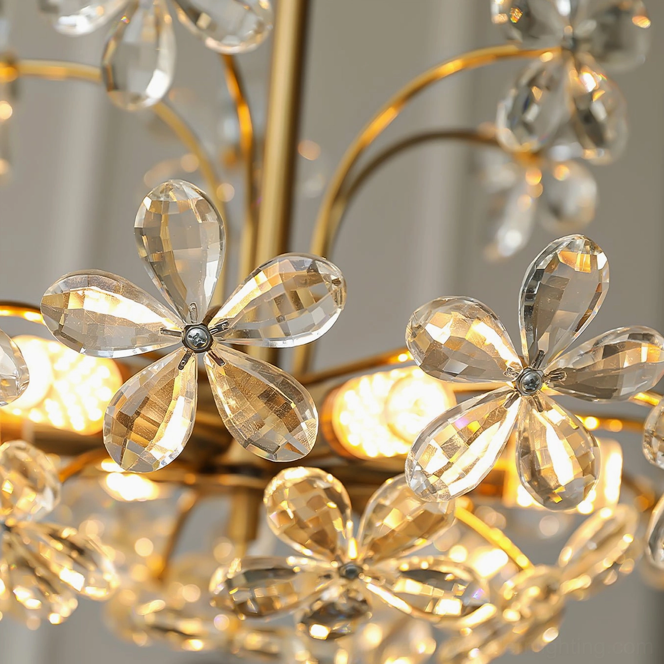 Close-up macro view of Brielle crystal chandelier details showing clear crystal flowers, glowing bulbs, and brass metal arms
