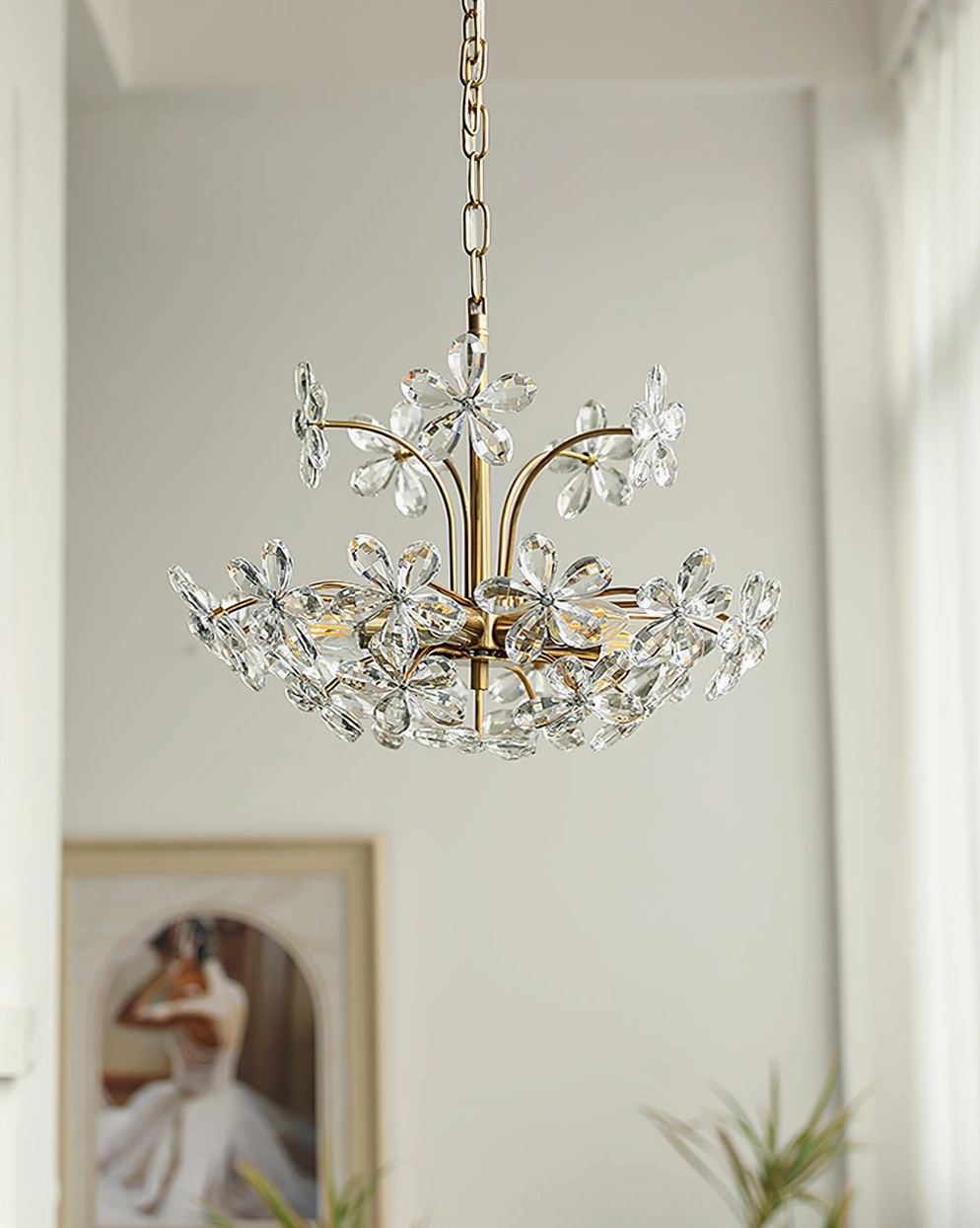 Brielle crystal chandelier full product view in brass or copper finish, complete statement lighting fixture for home