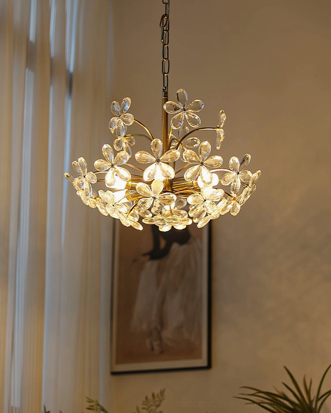 Brielle crystal chandelier front hanging perspective view showcasing full floral crystal formation and brass frame structure