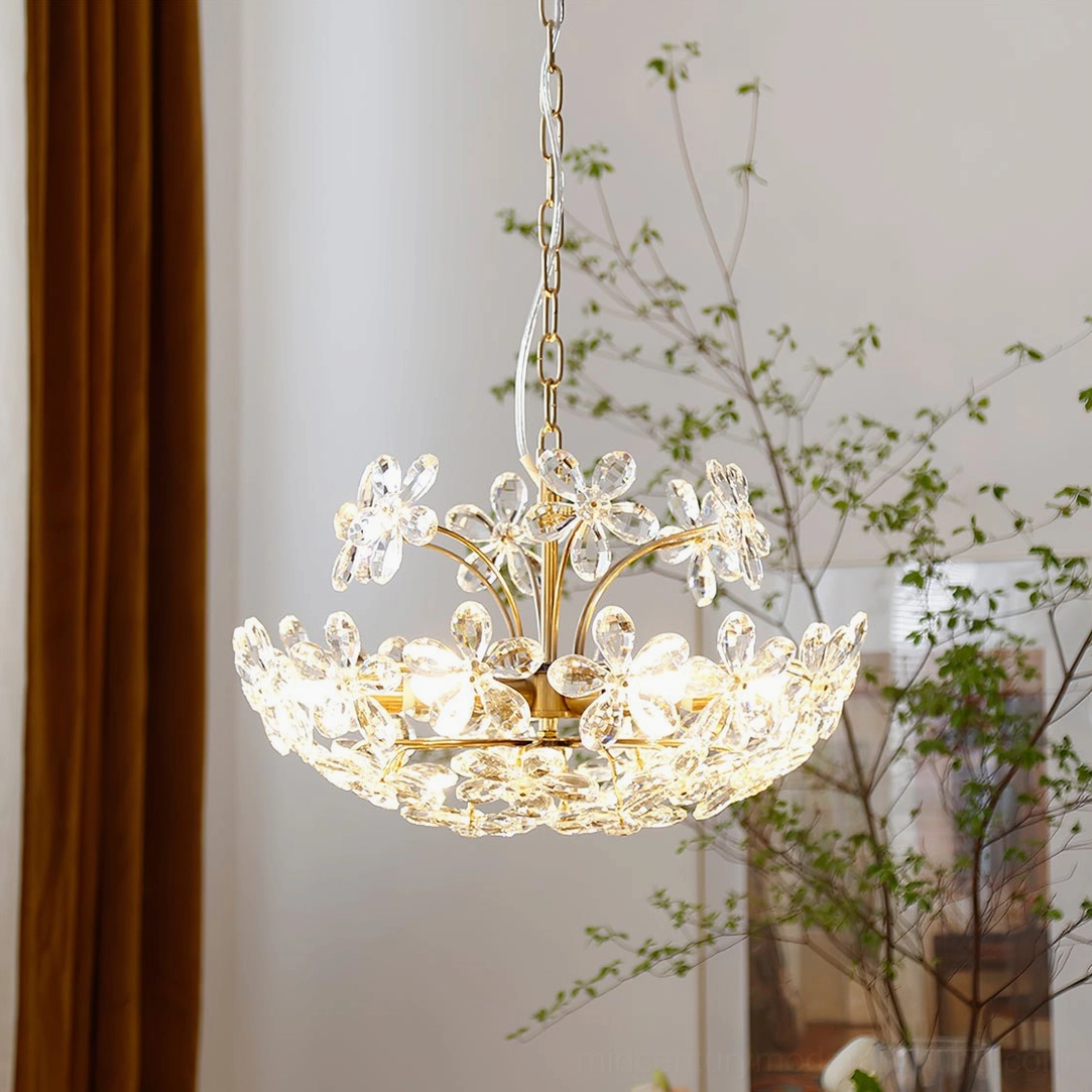 Mid-century modern floral crystal chandelier featuring textured clear crystals and brass metalwork construction details
