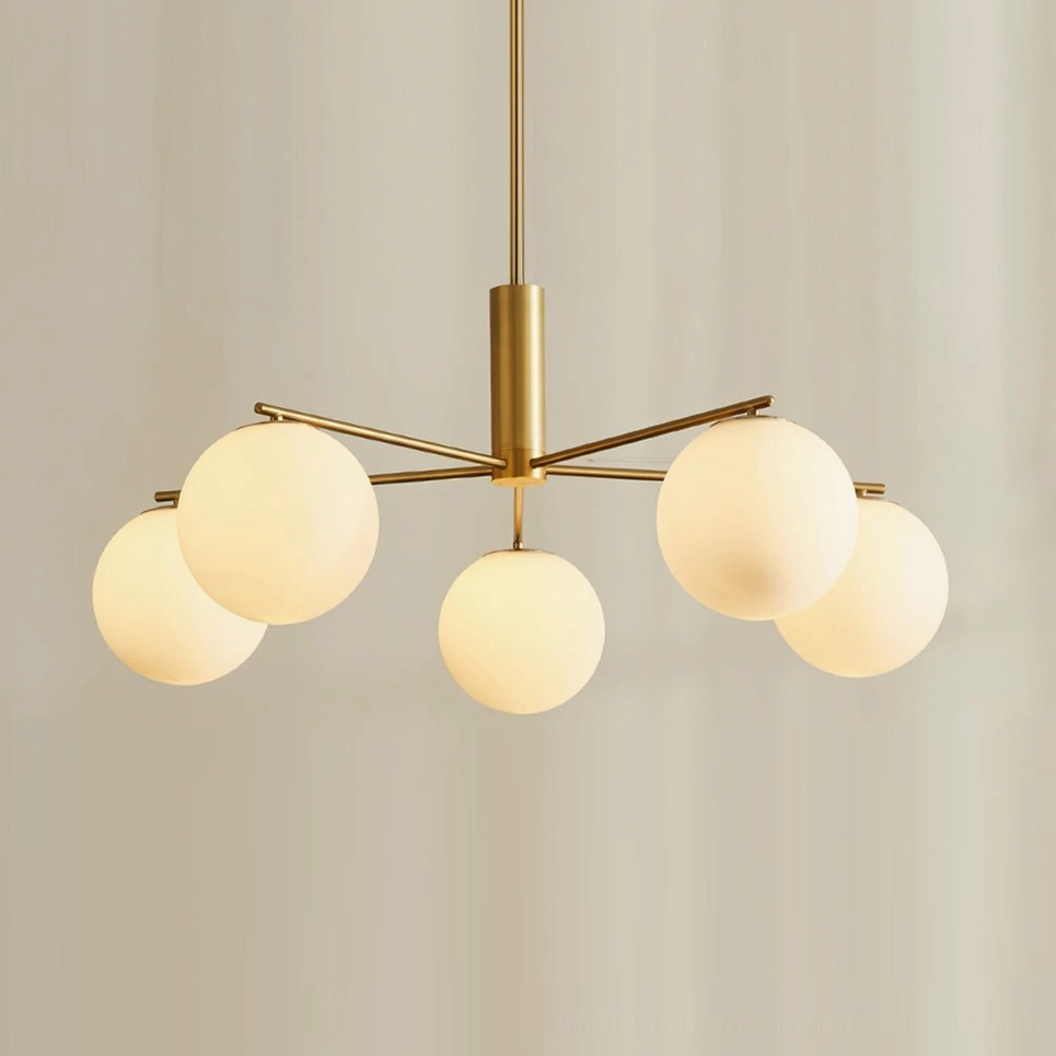 Chrome and white Briette mid-century modern sputnik chandelier featuring polished chrome frame with frosted white glass details