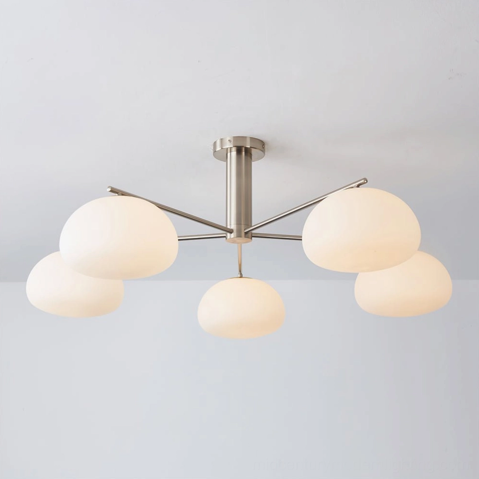 Briette mid-century modern sputnik flush mount ceiling light with five frosted white glass globes - complete product view