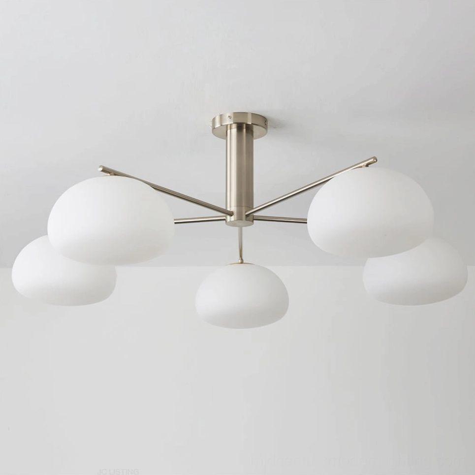 Briette nickel silver sputnik ceiling chandelier with matte white glass globes - front overhead studio photography