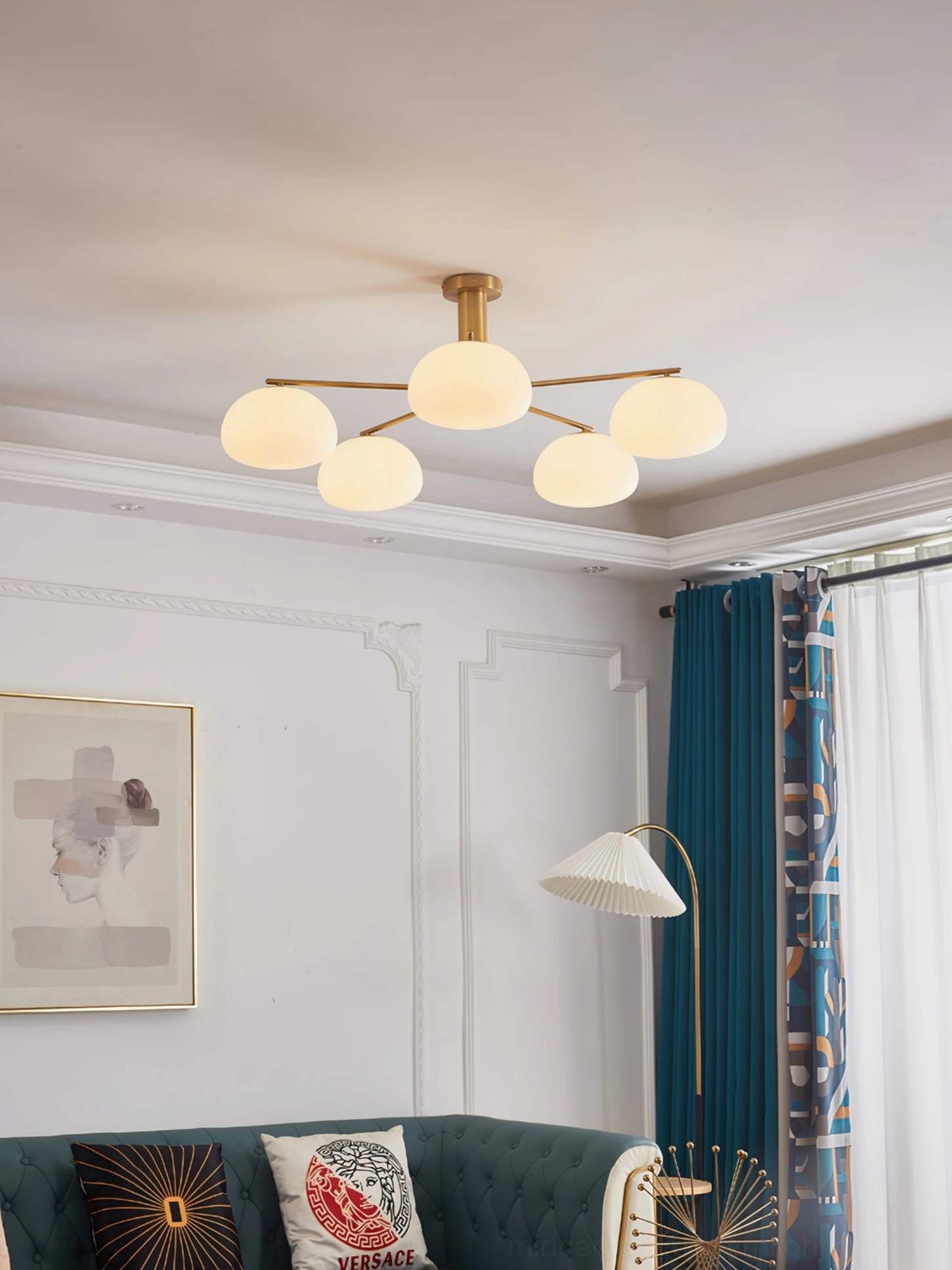 Briette brass gold sputnik ceiling light installed in contemporary luxury living room matching modern interior design