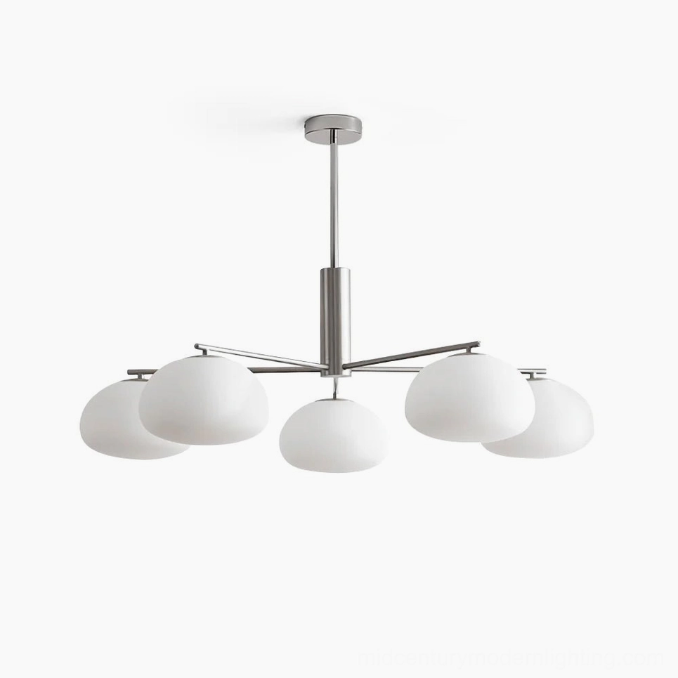 Briette mid-century modern sputnik chandelier with silver metal frame and frosted white glass shades, direct front overhead view