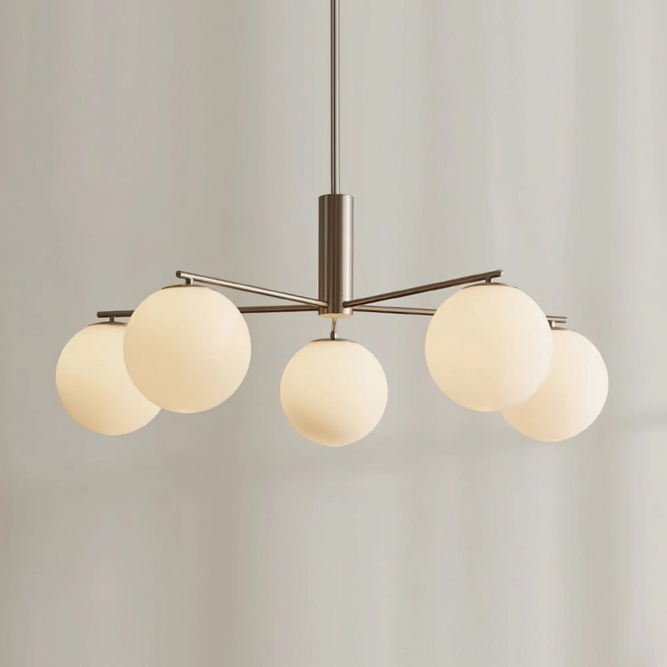 Warm-toned sputnik Briette chandelier direct front view with brushed silver metal frame and off-white frosted glass shades