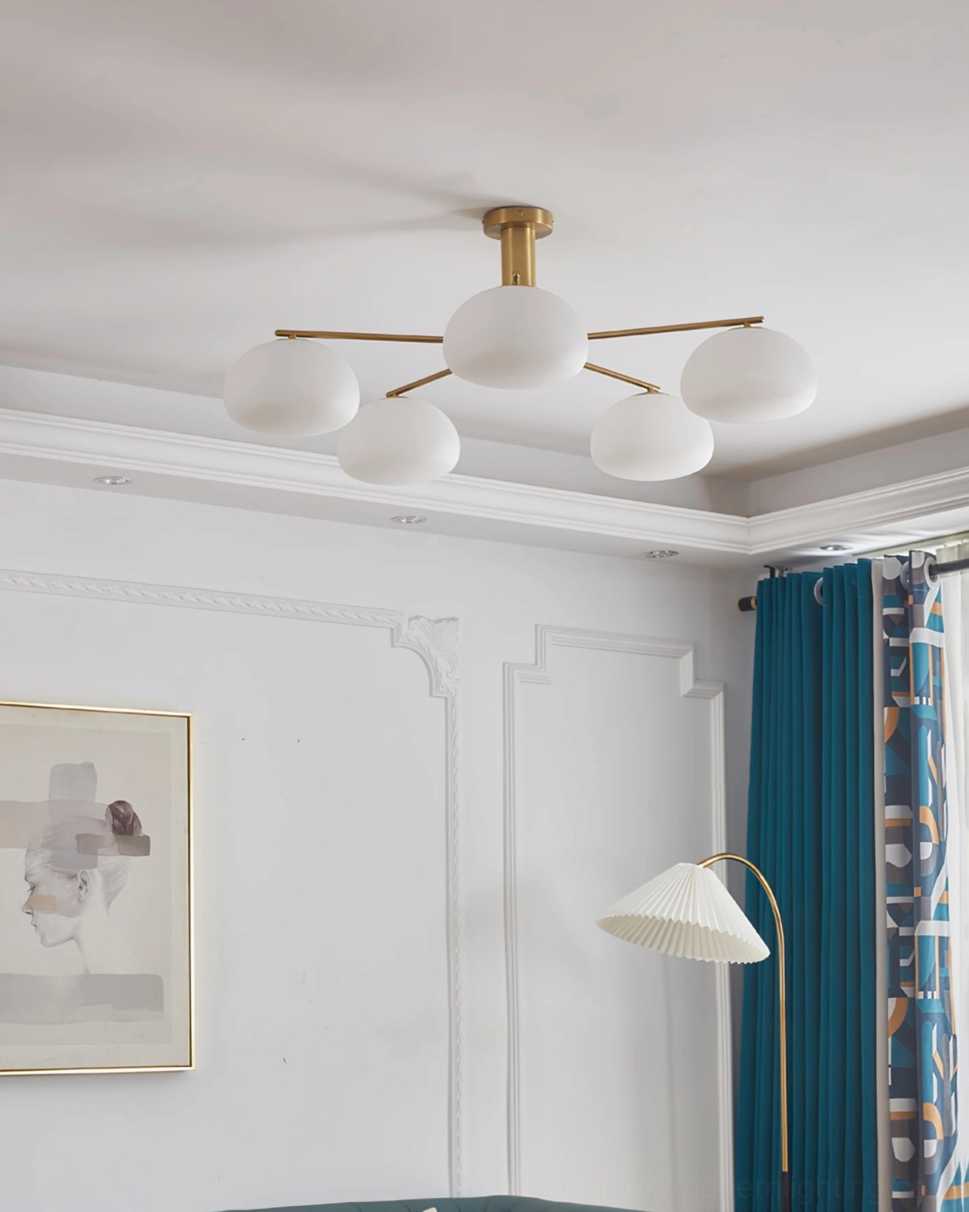 Briette sputnik flush mount chandelier with five frosted glass shades in modern living room with teal curtains creating ambient glow