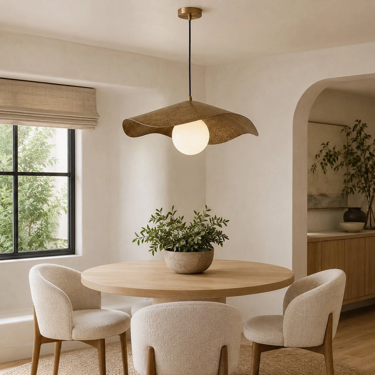Bright sunlit dining room with alabaster pendant light above casual dining area, fabric upholstered chairs and natural light