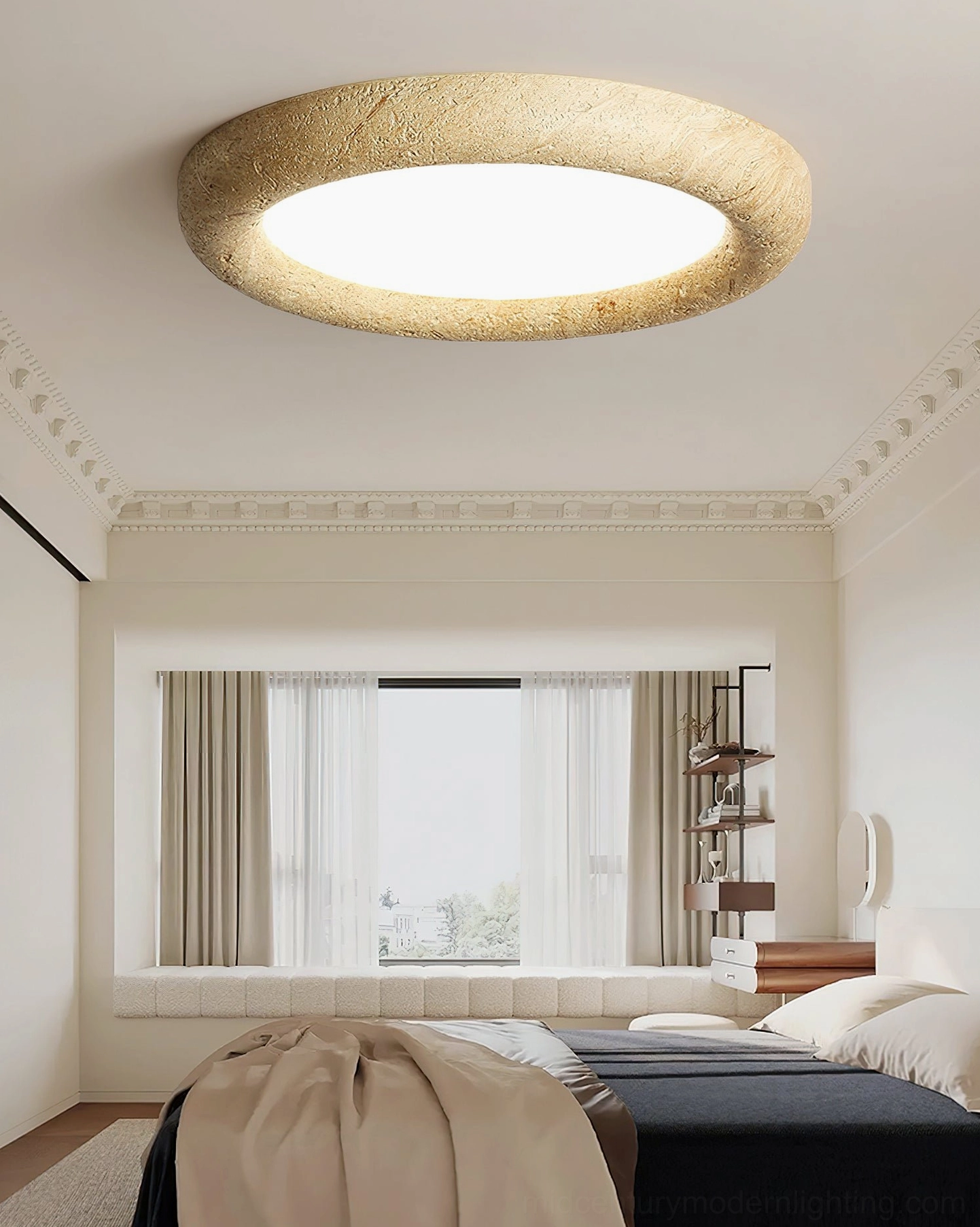 Spacious bright bedroom with bay window and minimalist stone flush mount ceiling light