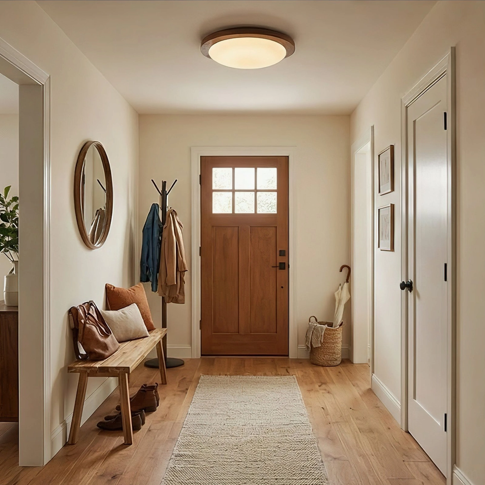 Bromo flush mount light in cottage-style entryway creating warm welcoming ambiance at home entrance