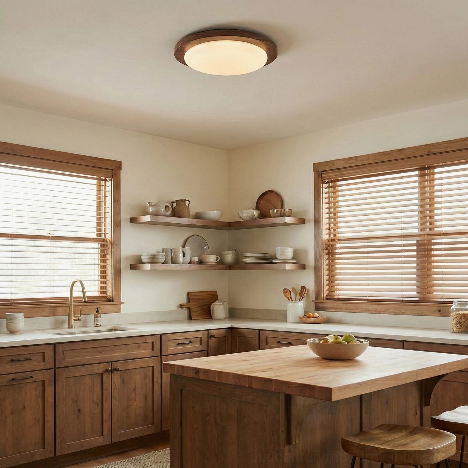 Farmhouse kitchen with Bromo warm white ceiling light, wooden cabinetry, and contemporary pendant lighting