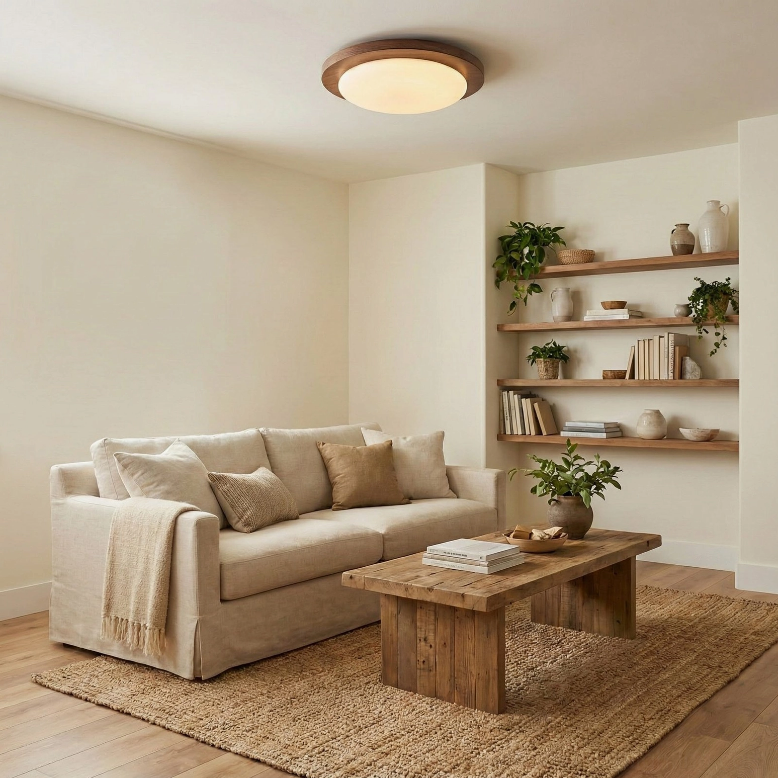 Bromo warm white ceiling light installed in farmhouse living room with neutral decor and warm ambient lighting
