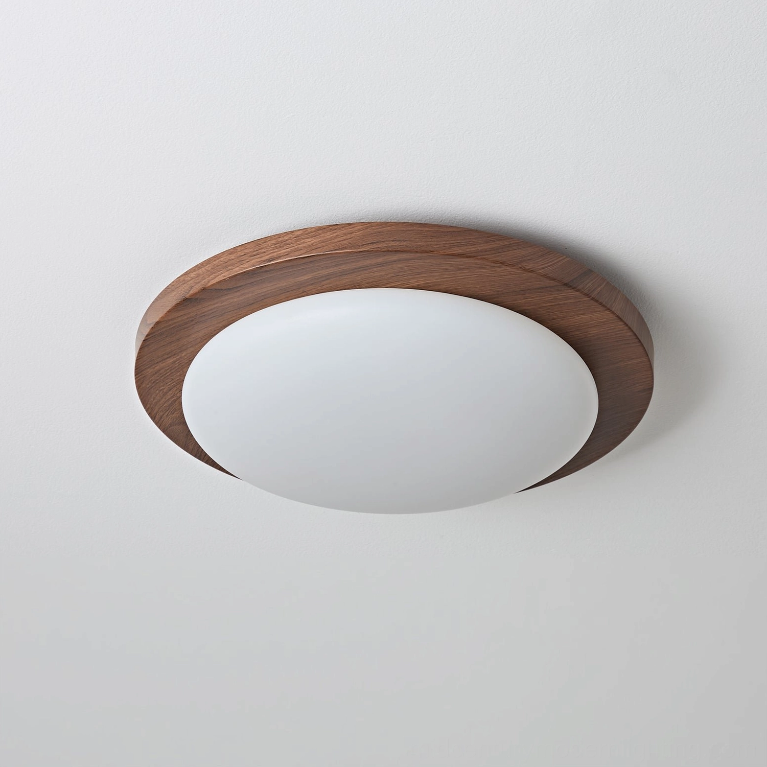 Close-up side view of Bromo flush mount showing natural wood grain, frosted glass cover, and metal mounting hardware