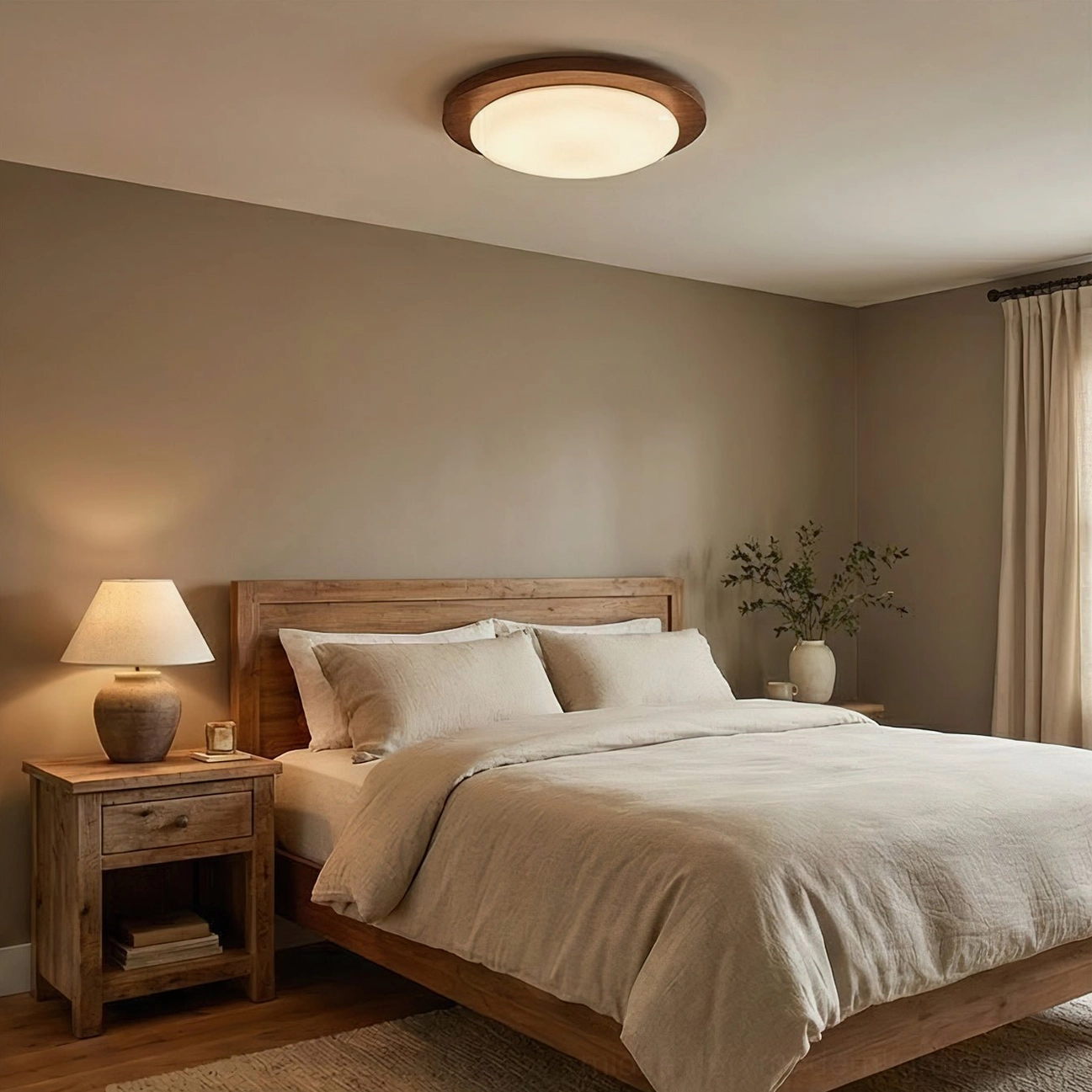 Mid-century modern flush mount light in rustic master bedroom with warm walnut wood frame and soft diffused glow