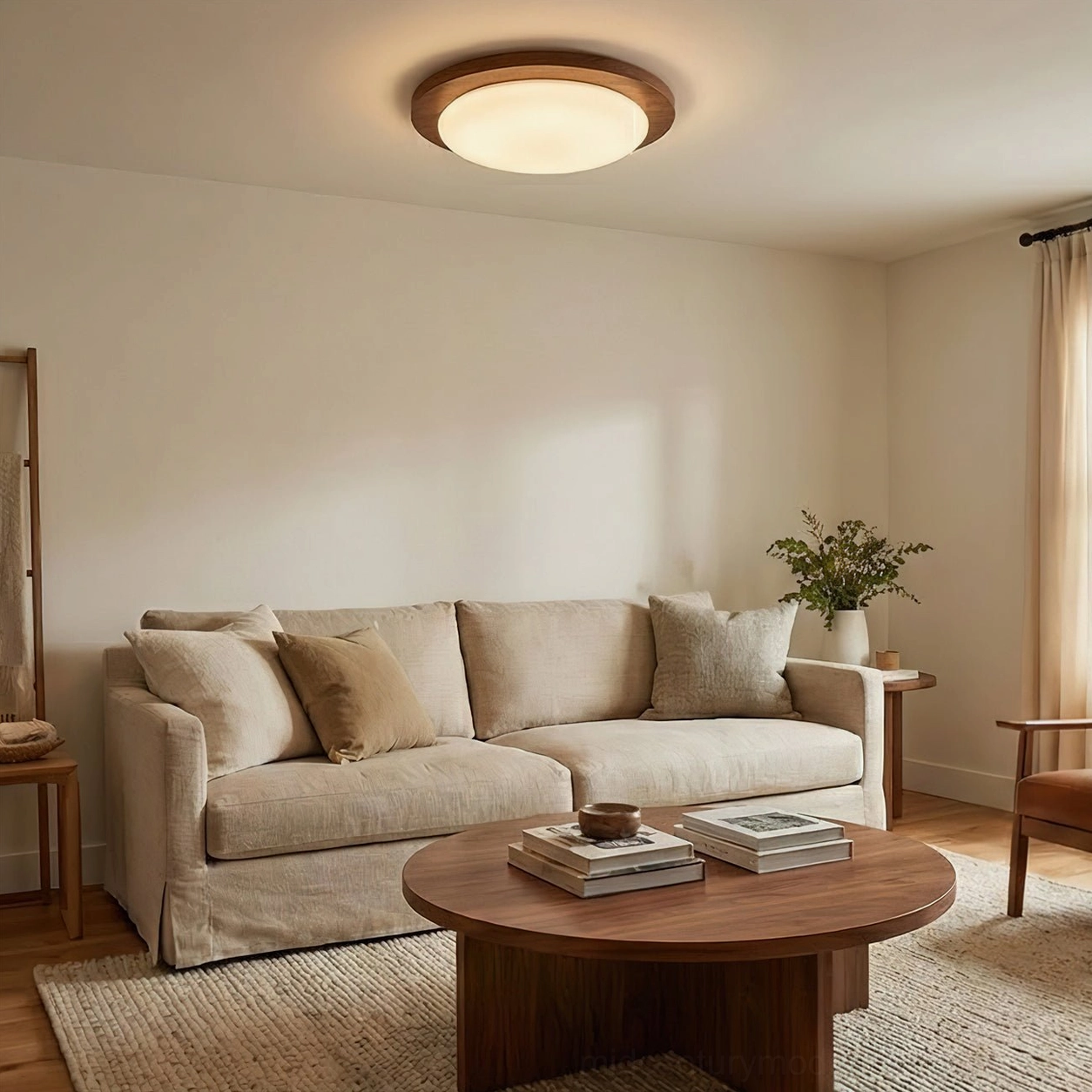 Bromo ceiling fixture in minimalist living space with natural window light and wooden furniture