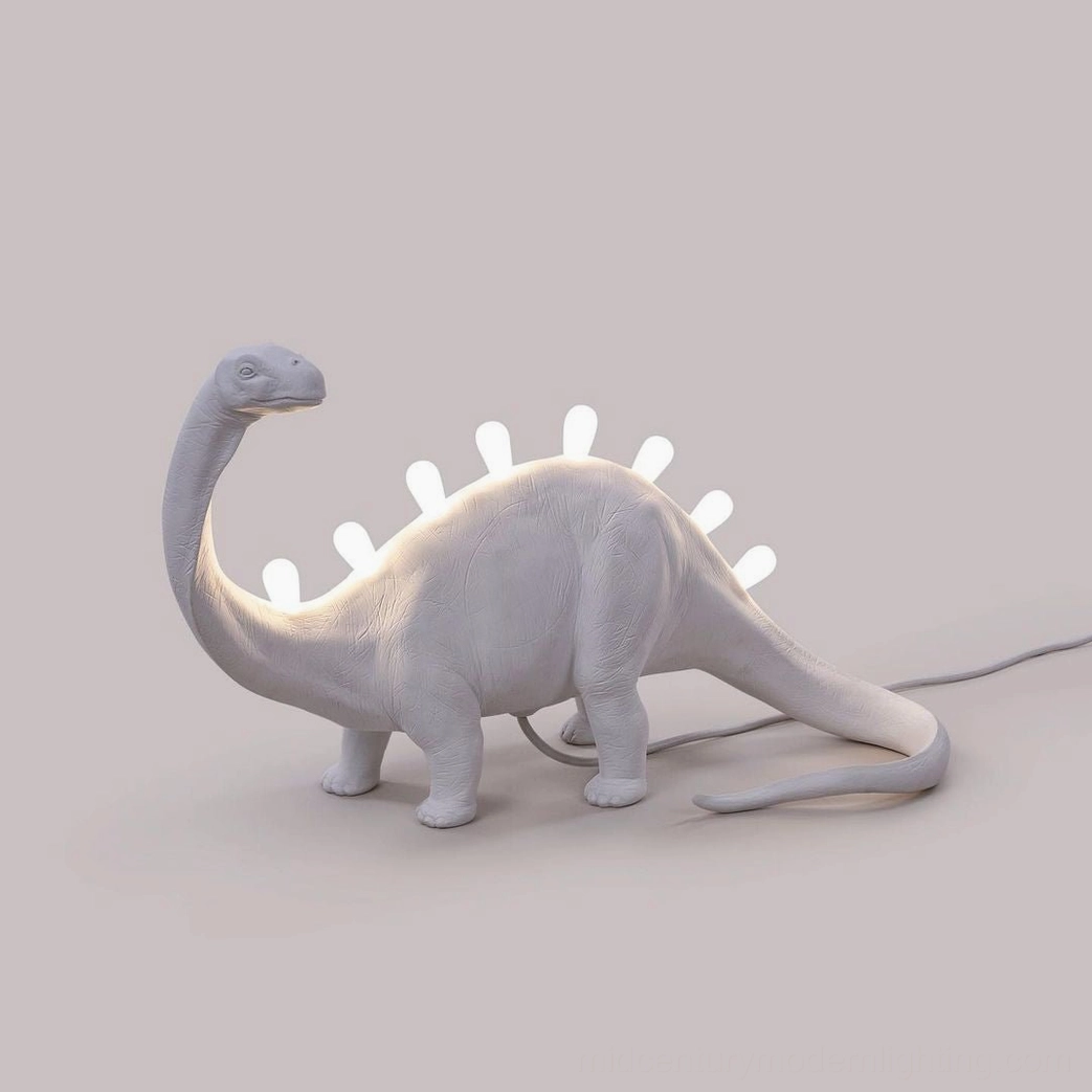Bronto dinosaur table lamp front view, 19.2 inch width sculptural design