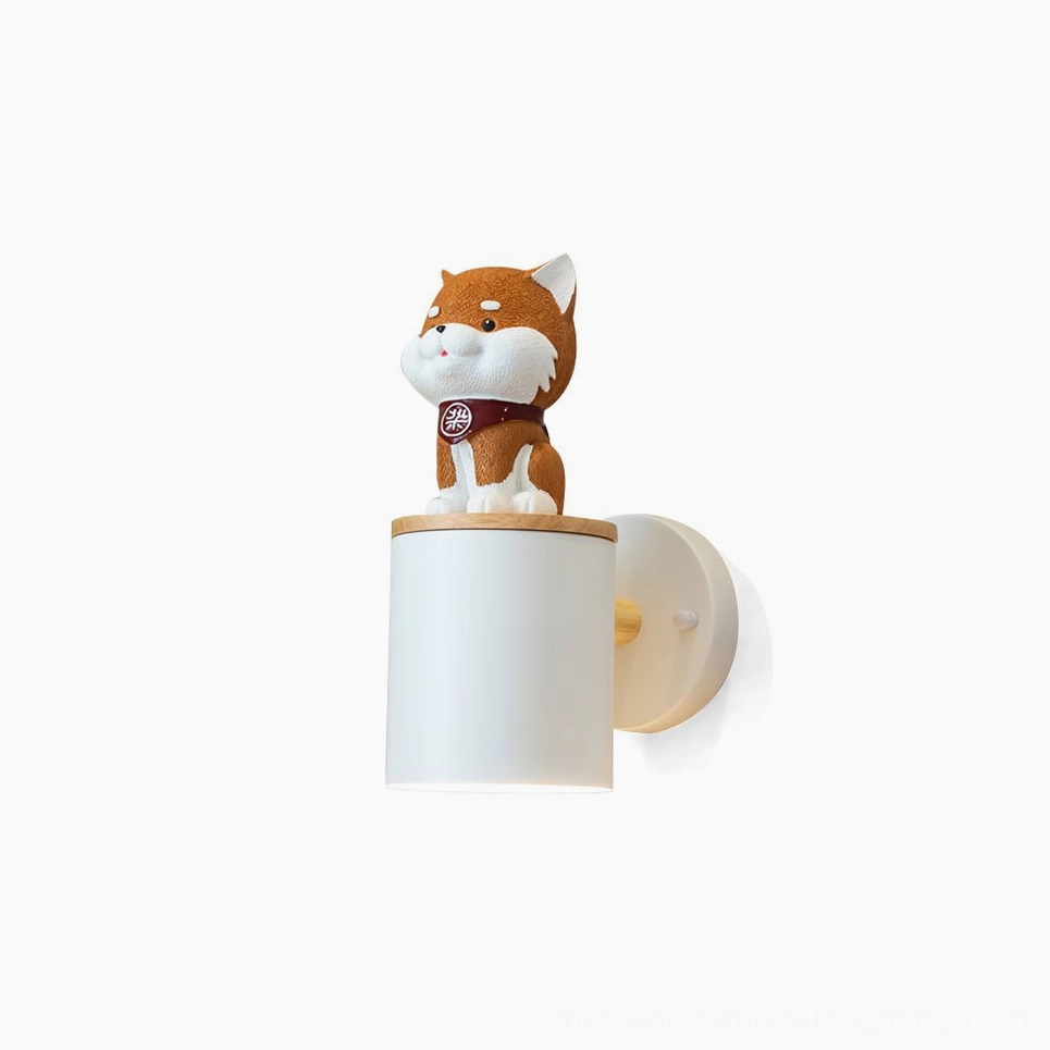 Brown Shiba Inu wall lamp with white metal shade and wood trim, front studio view on minimalist background