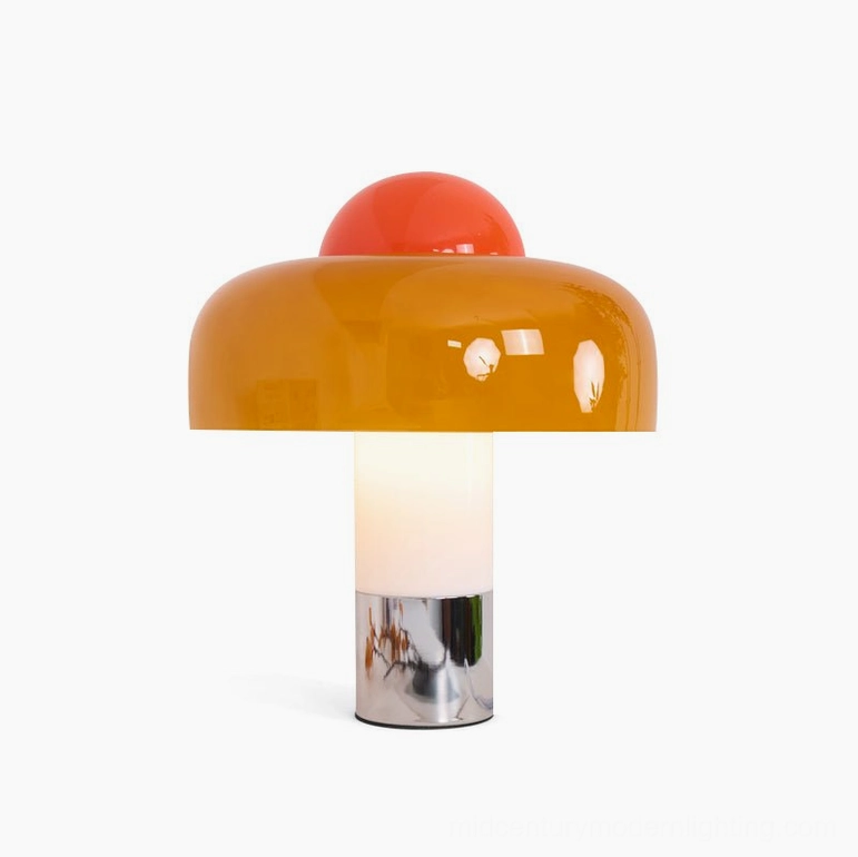 Brumbry mushroom table lamp available in orange, white, and chrome finishes with mid-century modern design