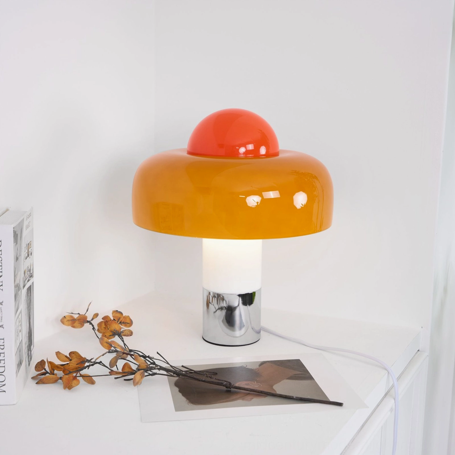 Brumbry mushroom table lamp on white dresser with nordic home styling and tabletop accessories