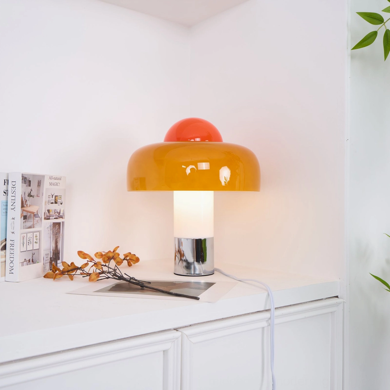Brumbry mushroom table lamp side profile highlighting dome glass shape and metal base construction