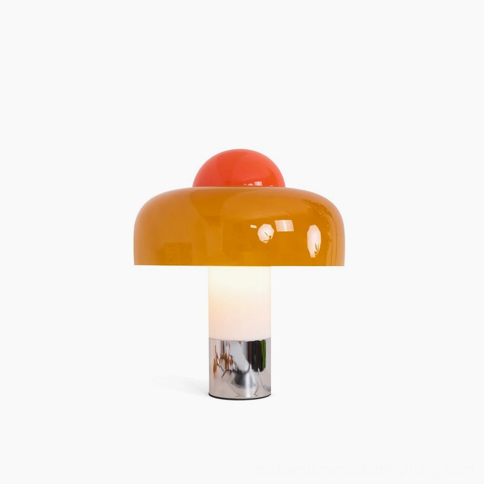 Brumbry mushroom table lamp with amber orange glass shade and polished chrome base, front view on white background